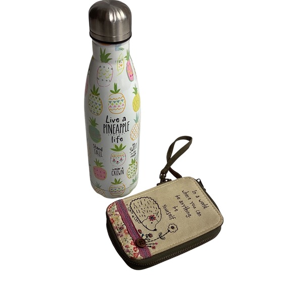 Natural Life Water Bottle‎ & Wristlet Coin Purse Set Pineapple Hedgehog Travel - Picture 1 of 11